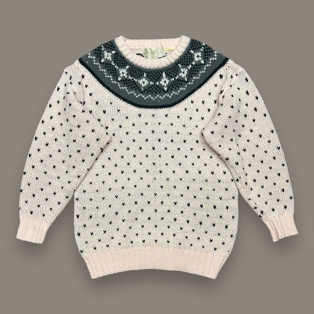 Vintage Sweater Soft Knit Crewneck Pullover Fair Isle Cute 80s Light Pink